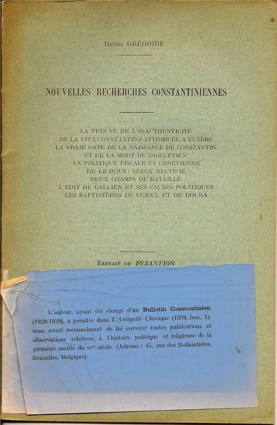 Item #015994 Nouvelles Recherches Constantiniennes. HENRI GREGOIRE