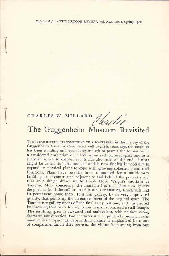 Item #20247 The Guggenheim Museum Revisited. CHARLES W. MILLARD